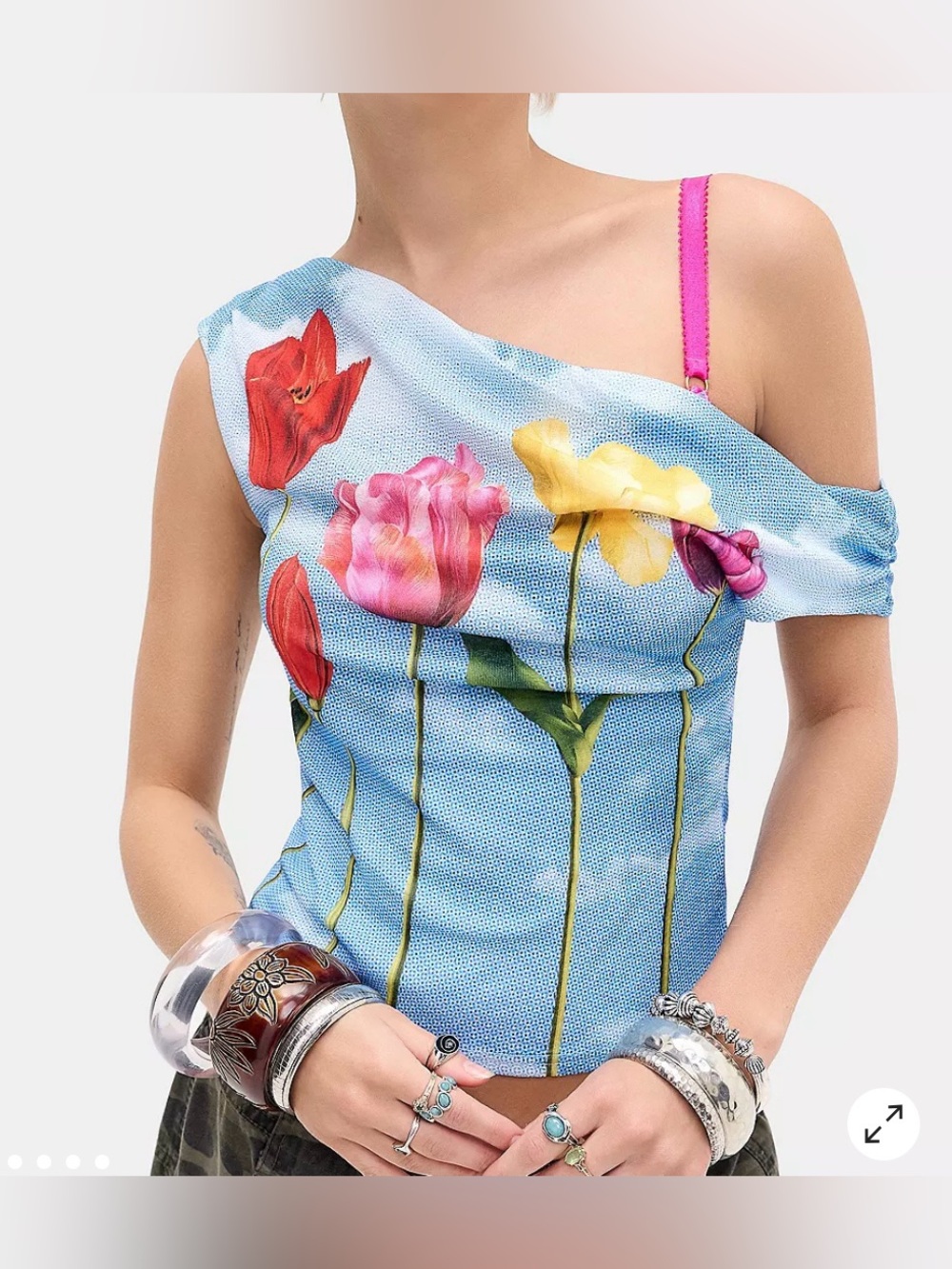 Urban Outfitters Fia off-the-shoulder top featuring a blue sky & tulip design.L